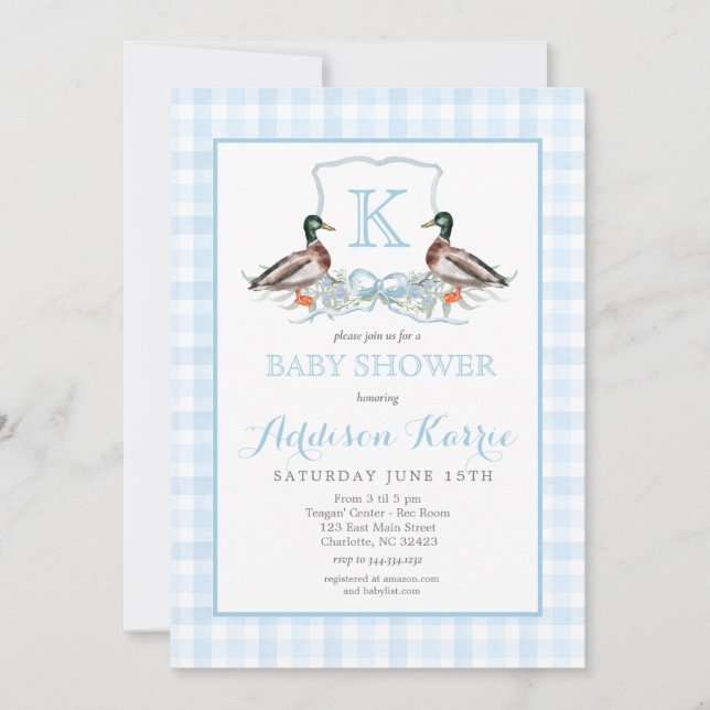Invitación a Baby Shower del Escudo Preppy Duck Gi (Anverso)