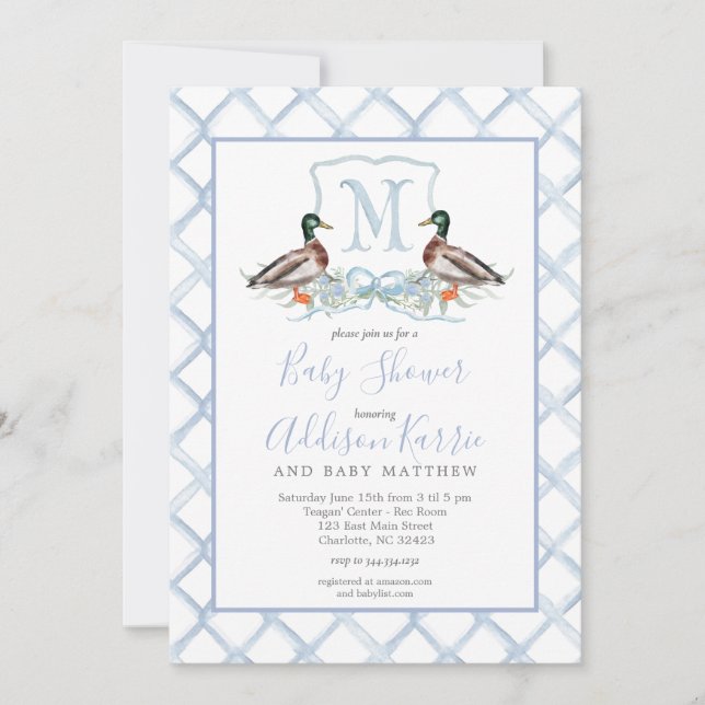 Invitación a Baby Shower del Escudo Preppy Duck Gi (Anverso)