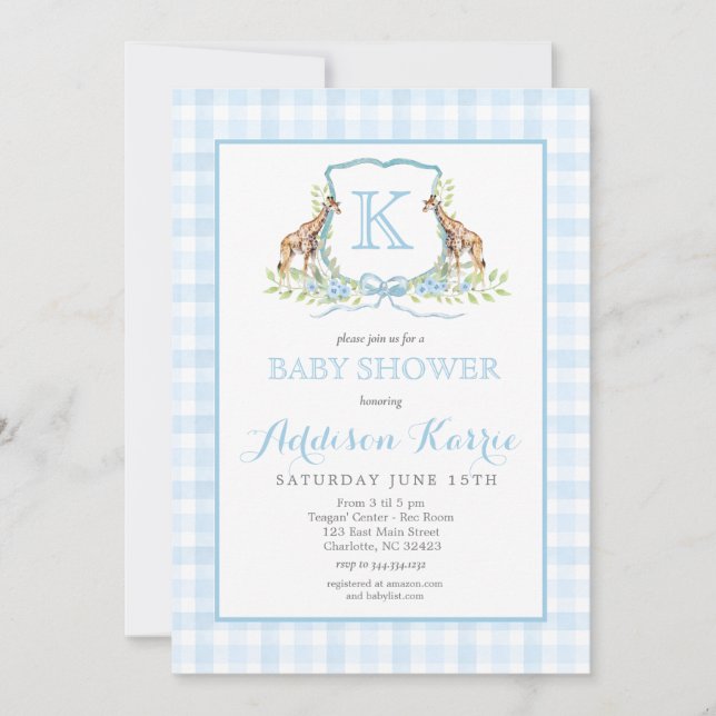 Invitación a Baby Shower del Escudo Preppy Giraffe (Anverso)