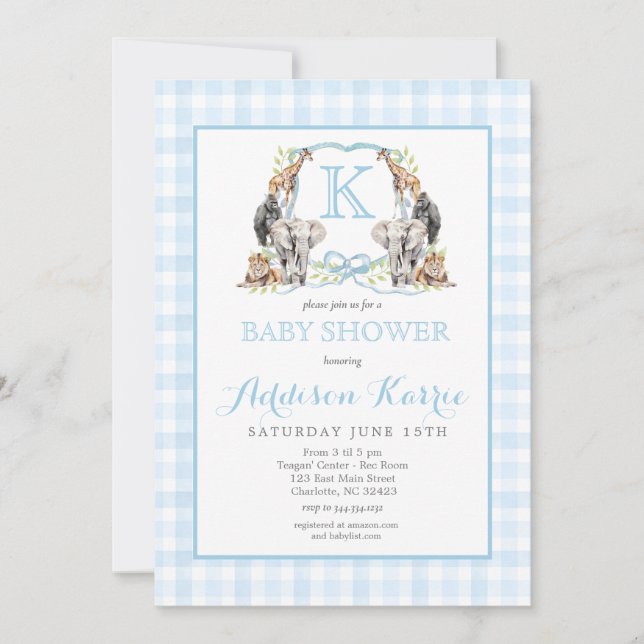 Invitación a Baby Shower del Escudo Preppy Safari (Anverso)