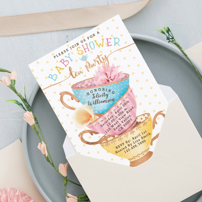 Invitación a Baby Shower del Fiesta de té de Moda  (Cute Vintage Chic Tea Party Baby Shower Invitation)