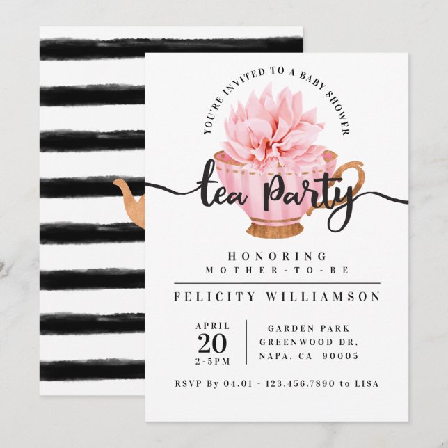 Invitación a Baby Shower del Fiesta de té rosado d (Anverso / Reverso)
