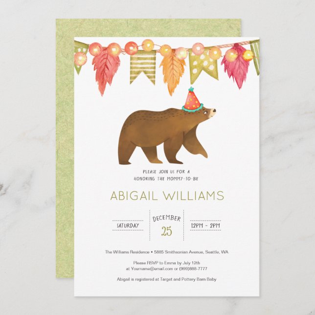 Invitación a Baby Shower del Fiesta Woodland Bear (Anverso / Reverso)