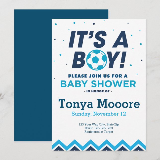 Invitación a Baby Shower del fútbol azul (Anverso / Reverso)