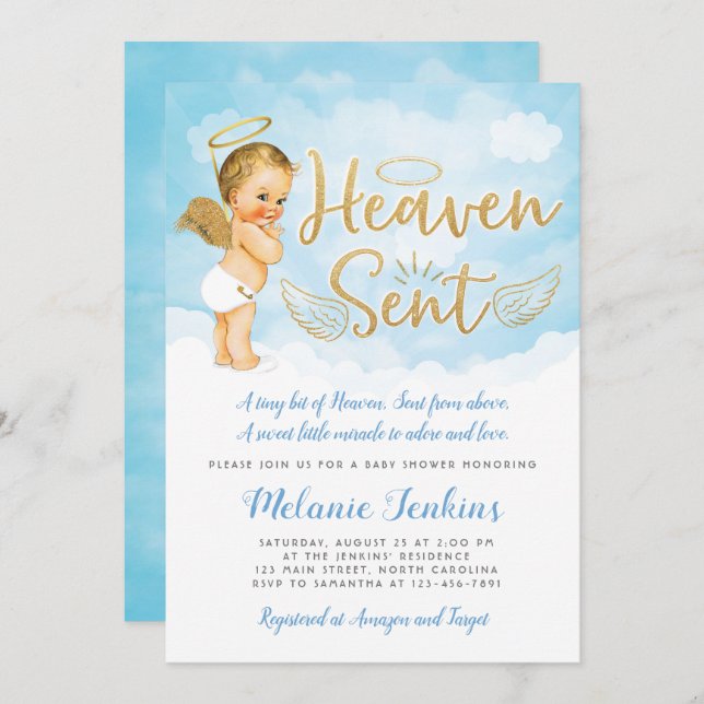 Invitación a Baby Shower del Heaven Sent Angel Boy (Anverso / Reverso)