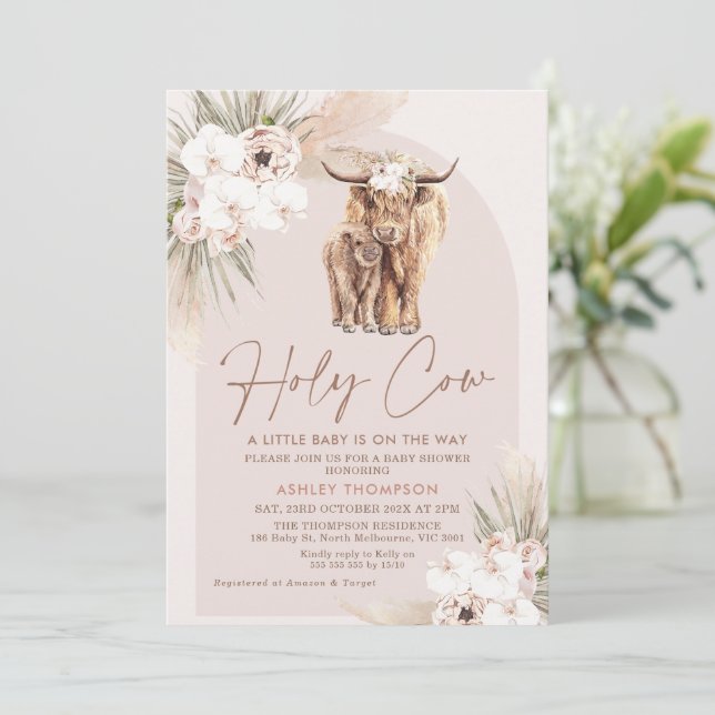Invitación a Baby Shower del Holy Cow Floral Boho  (Anverso de pie)
