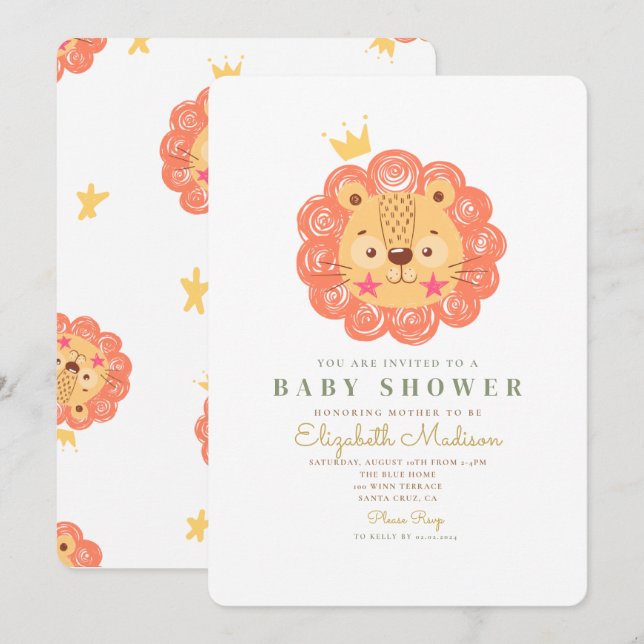 Invitación a Baby Shower del naranja Cute Lion Kin (Anverso / Reverso)