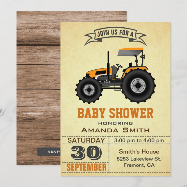 Invitación a Baby Shower del naranja Farm Tractor (Anverso / Reverso)