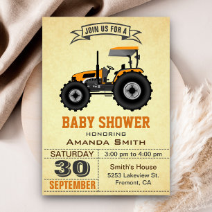 Invitación a Baby Shower del naranja Farm Tractor