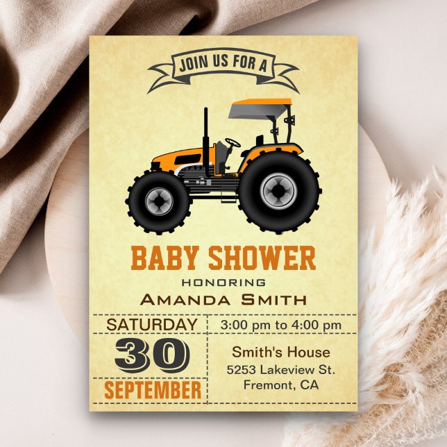 Invitación a Baby Shower del naranja Farm Tractor (Subido por el creador)