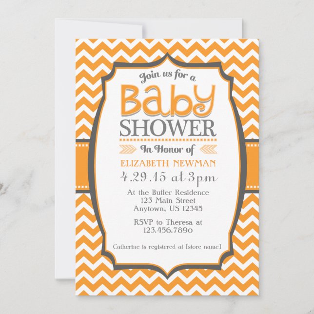 Invitación a Baby Shower del Naranja Grey Chevron (Anverso)