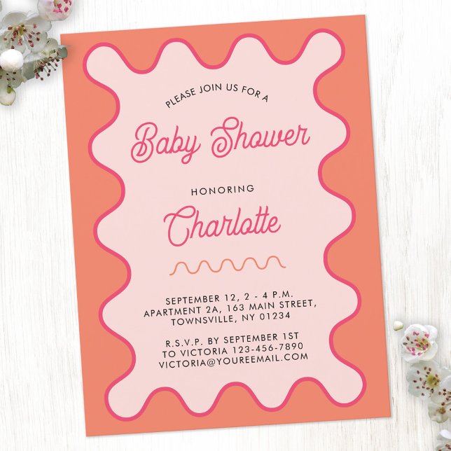 Invitación a Baby Shower del Naranja rosa ondulado (Retro modern wavy curve pink orange personalized baby shower invitation postcard)