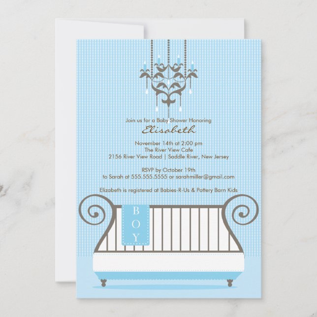 Invitación a Baby Shower del niño de la cuna azul  (Anverso)