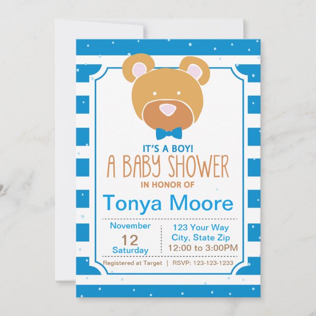 Invitación a Baby Shower del oso azul (Anverso)