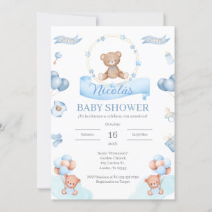 Invitación a Baby Shower del oso azul español