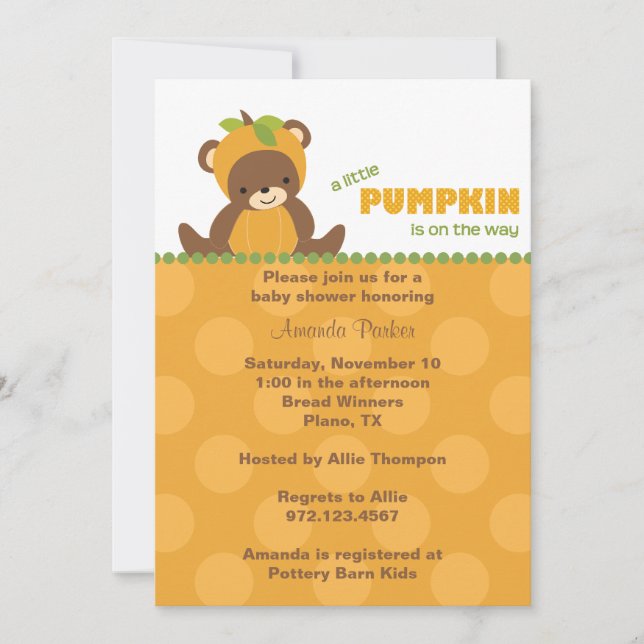 Invitación a Baby Shower del oso de calabaza (Anverso)