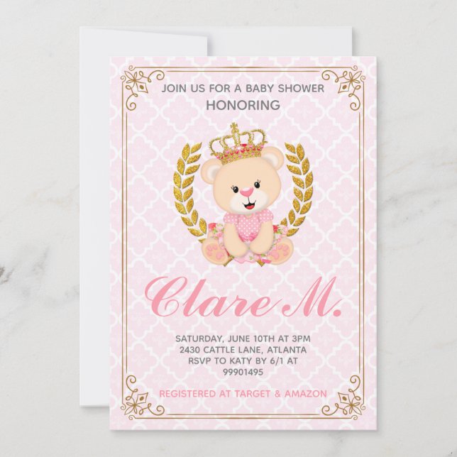 Invitación a Baby Shower del oso de la princesa (Anverso)