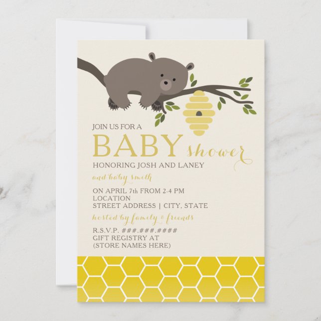 Invitación a Baby Shower del oso de miel (Anverso)