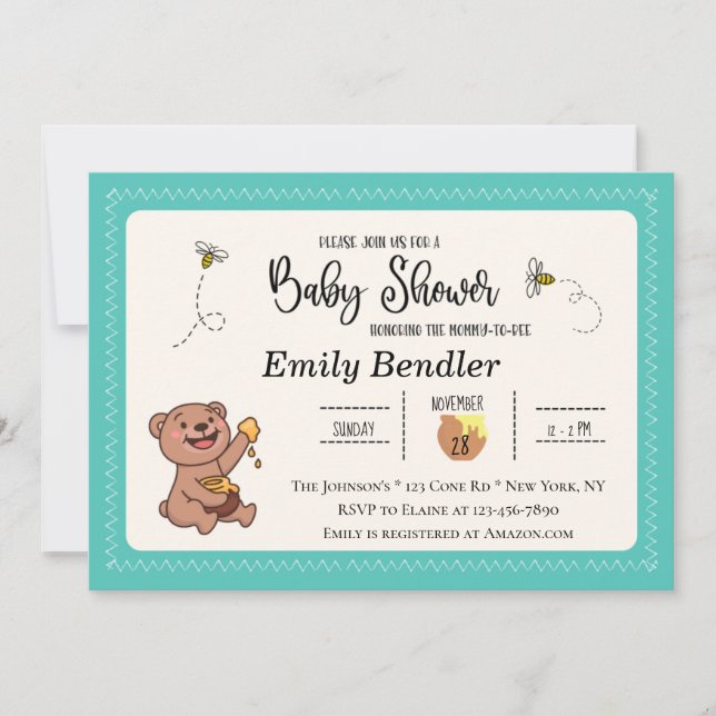 Invitación a Baby Shower del oso de miel (Anverso)