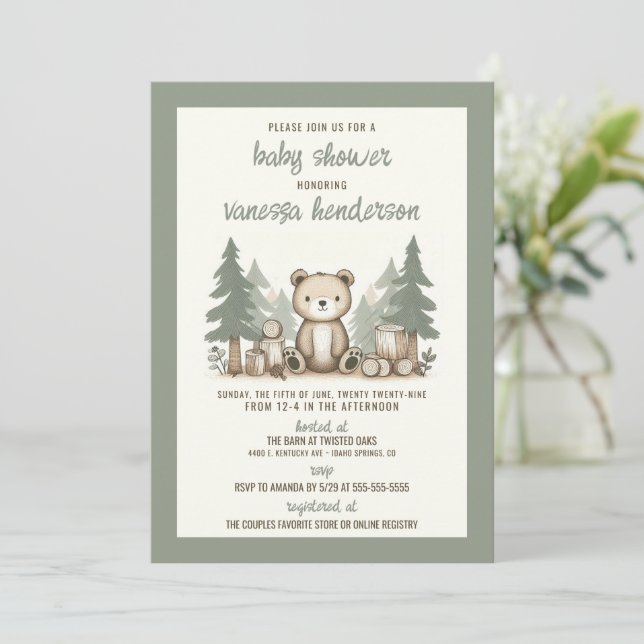 Invitación a Baby Shower del oso forestal (Anverso de pie)