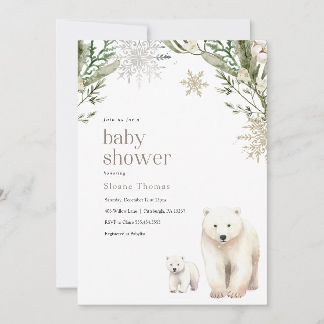 Invitación a Baby Shower del oso polar (Anverso)