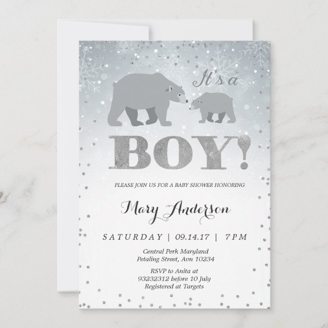 Invitación a Baby Shower del oso polar (Anverso)