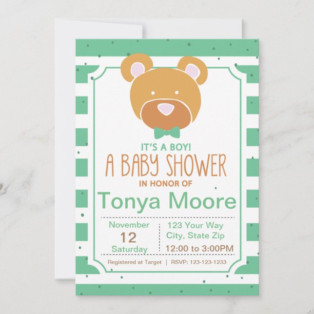 Invitación a Baby Shower del oso verde (Anverso)
