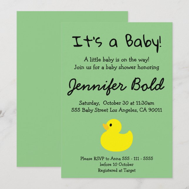 Invitación a Baby Shower del pato amarillo (Anverso / Reverso)