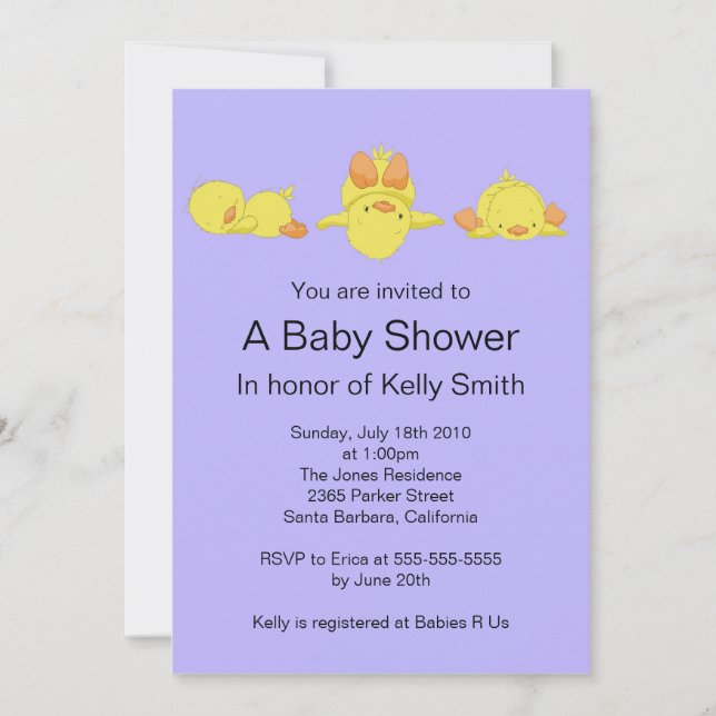 Invitación a Baby Shower del pato amarillo (Anverso)