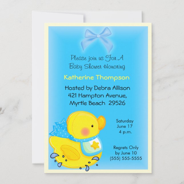 Invitación a Baby Shower del pato amarillo (Anverso)