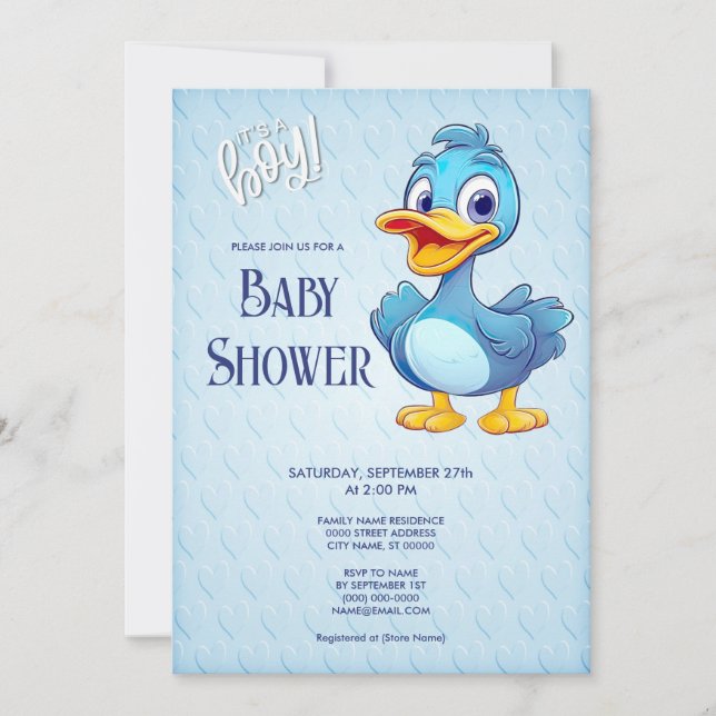 Invitación a Baby Shower del pato azul (Anverso)