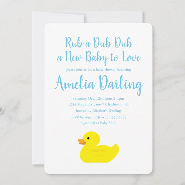 Invitación a Baby Shower del pato de goma (Anverso)