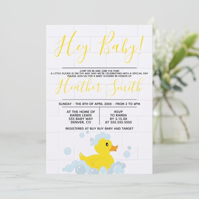 Invitación a Baby Shower del pato de goma (Anverso de pie)