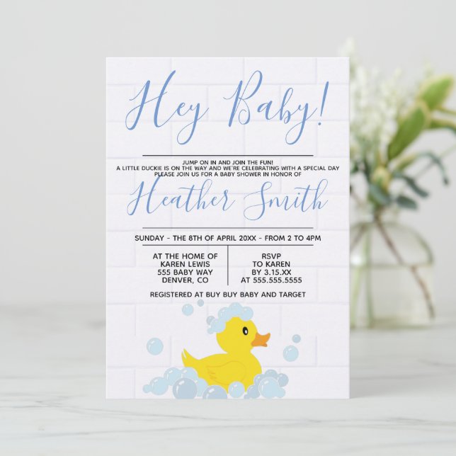Invitación a Baby Shower del pato de goma (Anverso de pie)