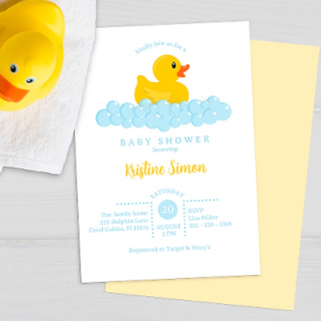 Invitación a Baby Shower del pato de goma - Burbuj (Rubber ducky blue & yellow baby shower invitation)
