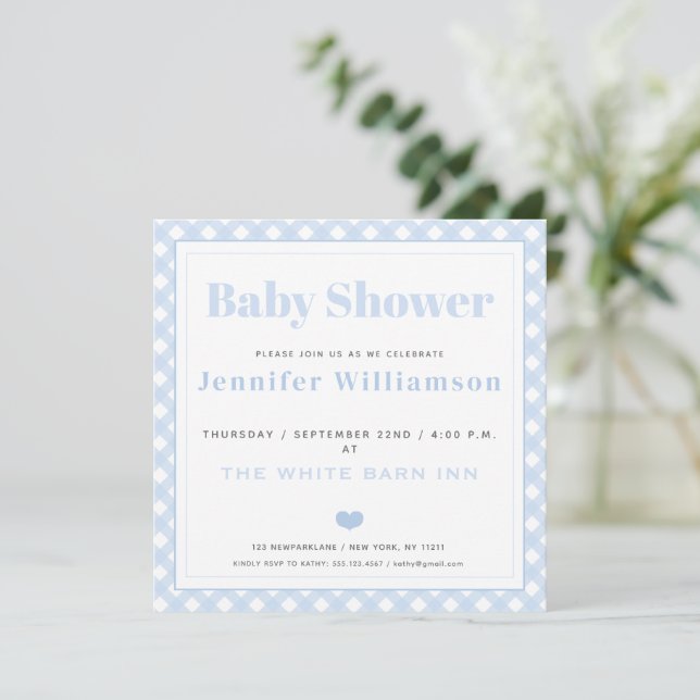 Invitación a Baby Shower del patrón Baby Blue Ging (Anverso de pie)