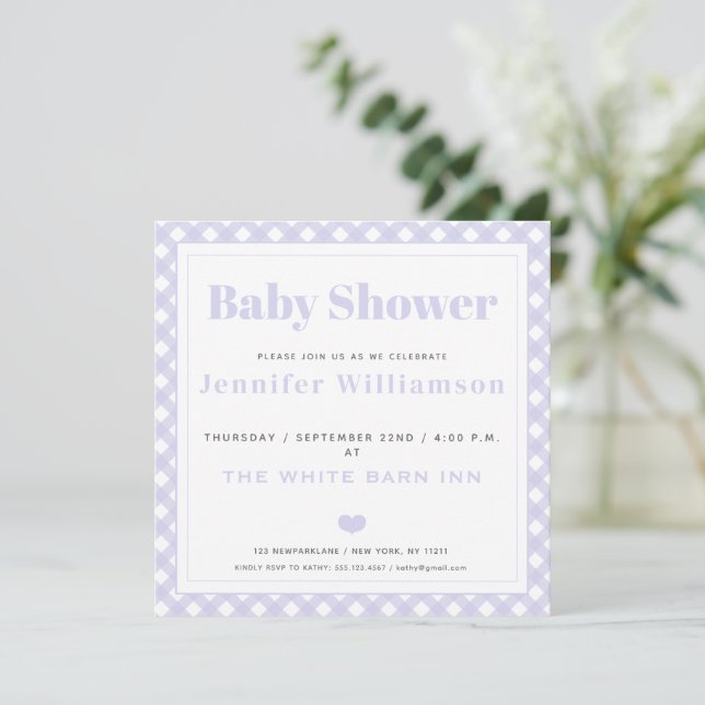 Invitación a Baby Shower del patrón Lavender Gingh (Anverso de pie)