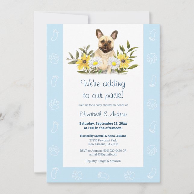 Invitación a Baby Shower del perro Bulldog azul fr (Anverso)