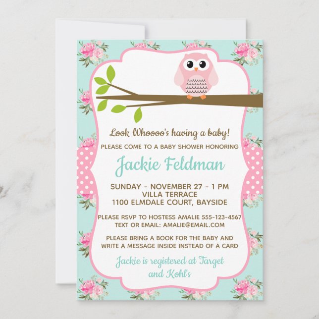 Invitación a Baby Shower del personalizar Owl Shab (Anverso)