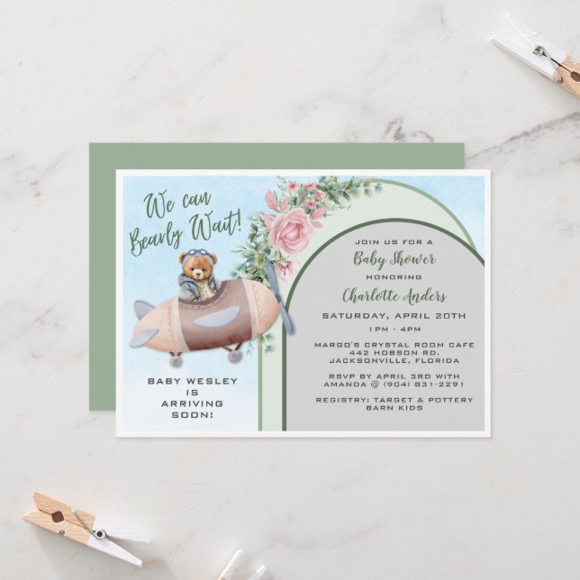 Invitación a Baby Shower del piloto del oso del av (Anverso/Reverso In Situ)