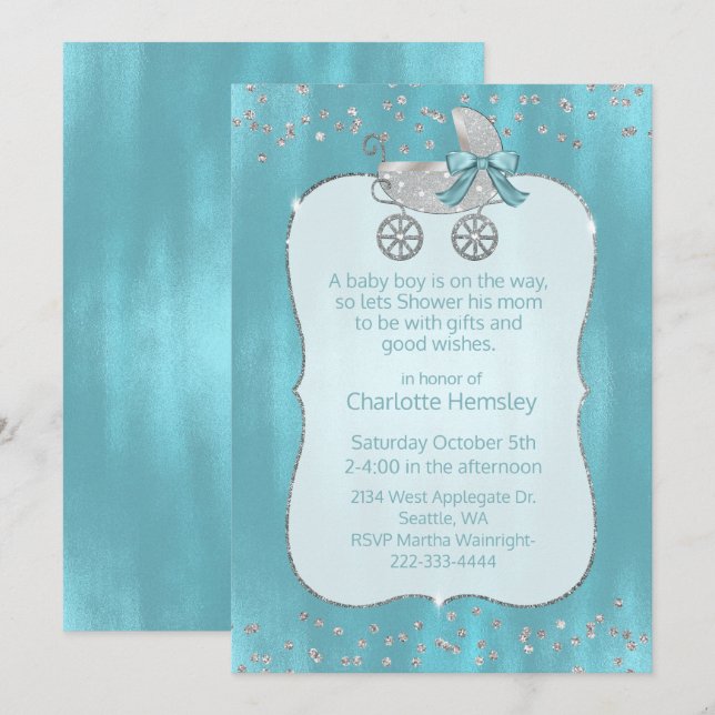 Invitación a Baby Shower del programa Glam Silver (Anverso / Reverso)