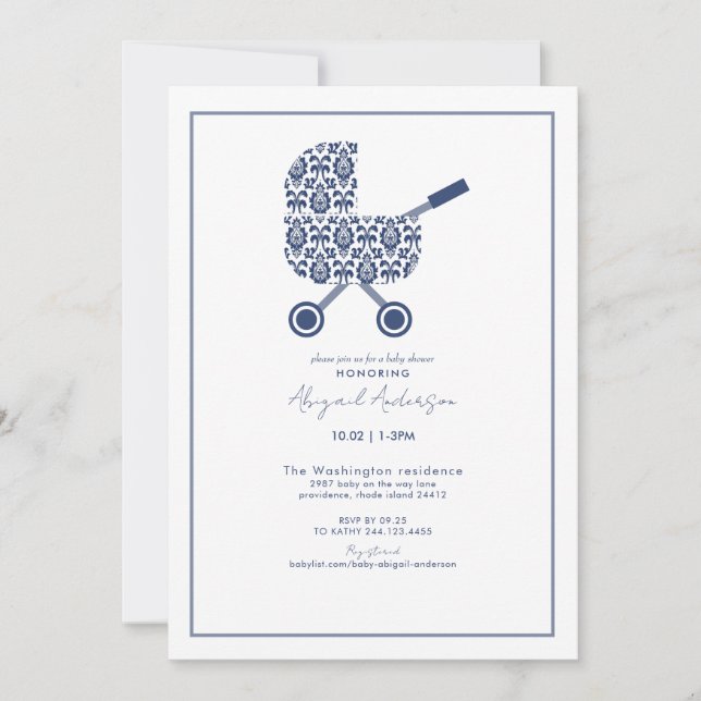 Invitación a Baby Shower del programa Navy Damask (Anverso)