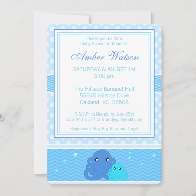 Invitación a Baby Shower del pulpo azul (Anverso)