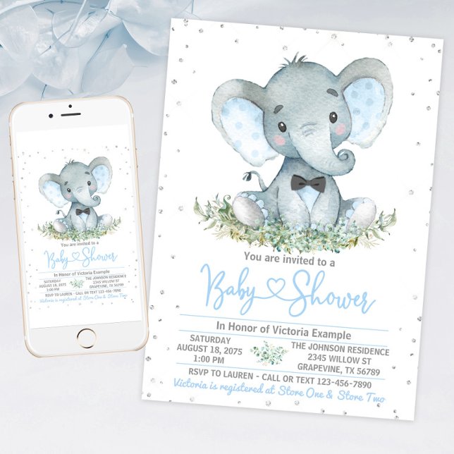 Invitación a Baby Shower del Purpurina de la marca (Boy elephant baby shower invitation with cute baby elephant. For instant download and print.)