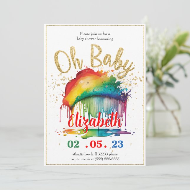 Invitación a Baby Shower del Purpurina Rainbow Gol (Anverso de pie)