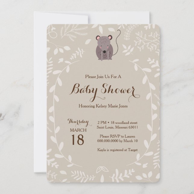 Invitación a Baby Shower del ratón Woodland (Anverso)