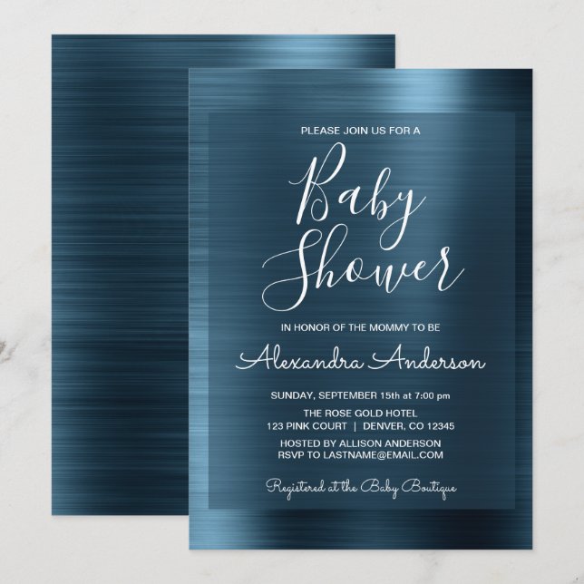 Invitación a Baby Shower del Relieve metalizado az (Anverso / Reverso)