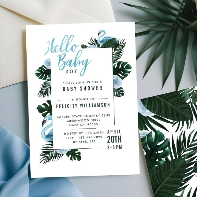 Invitación a Baby Shower del Rosa Flamingo Azul Tr (Tropical Blue Flamingo Rose Baby Shower Invitation)