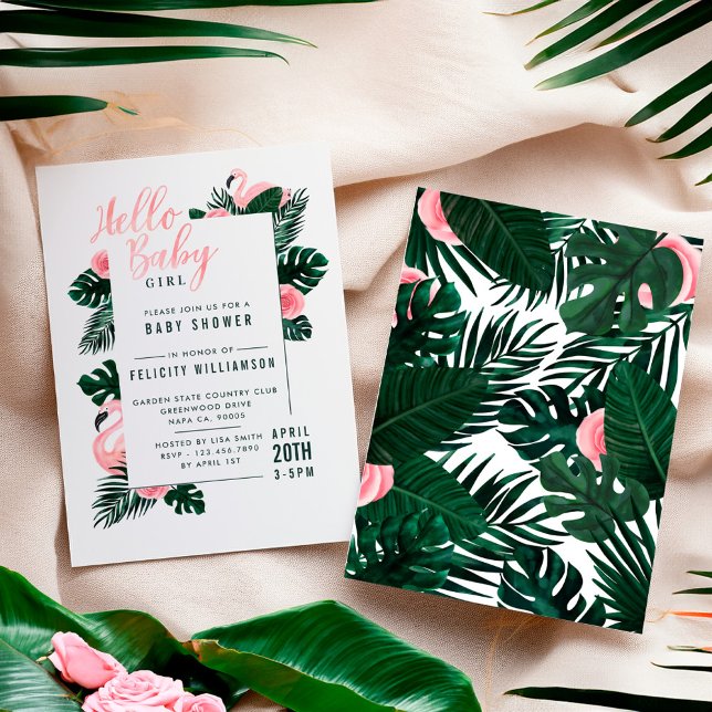 Invitación a Baby Shower del Rosa Flamingo Rosado  (Tropical Pink Flamingo Rose Baby Shower Invitation)