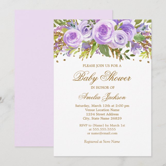 Invitación a Baby Shower del Rosa floral Purple Go (Anverso / Reverso)